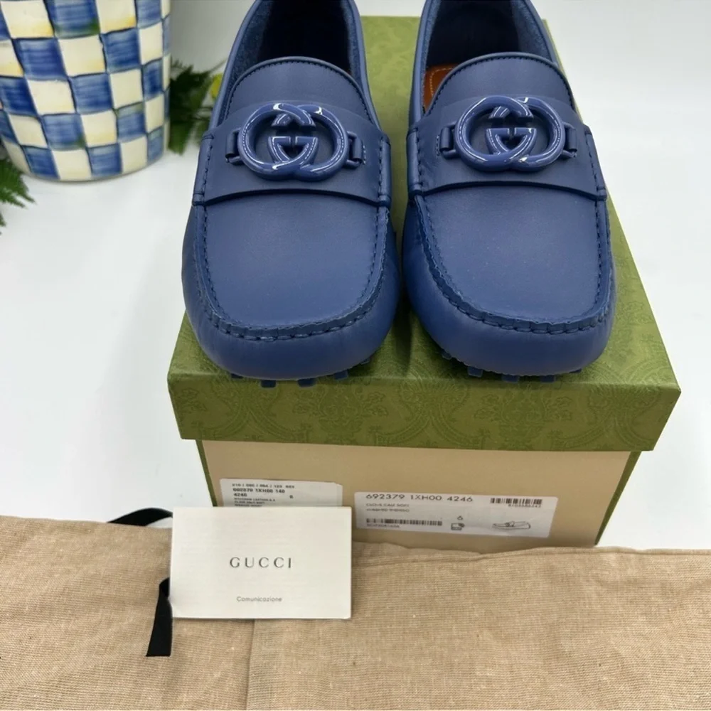 Men’s Gucci interlocking GG leather driver loafers size 6 fits 7 US made Italy